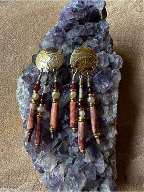TABRA Vintage 14K Gold Fill, Red Jasper, Pearl & Garnet Drop Dangle Earrings